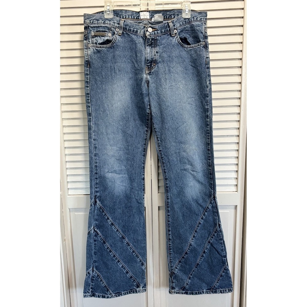 Calvin‎ Klein Jeans Med Wash Denim Mid Rise Flares Size 13 Long Zip Cotton Boho